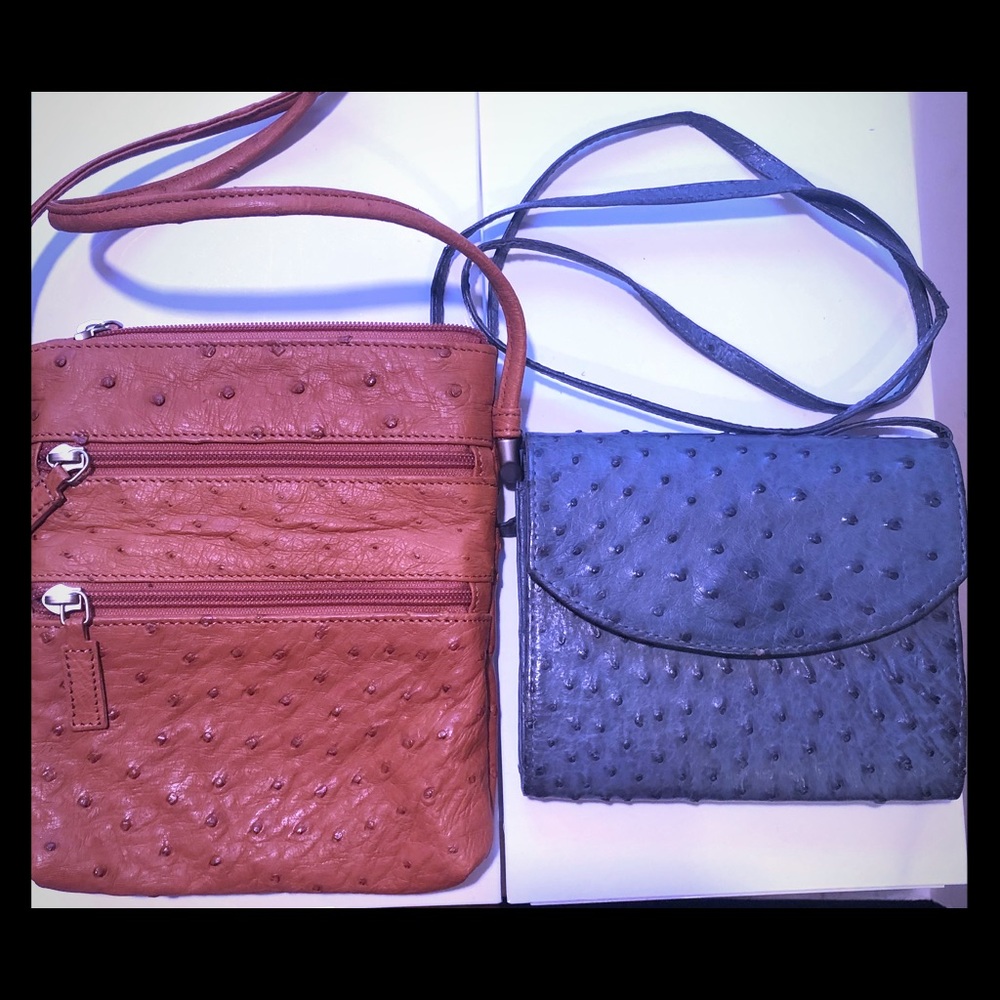Tan and blue ostrich skin bag